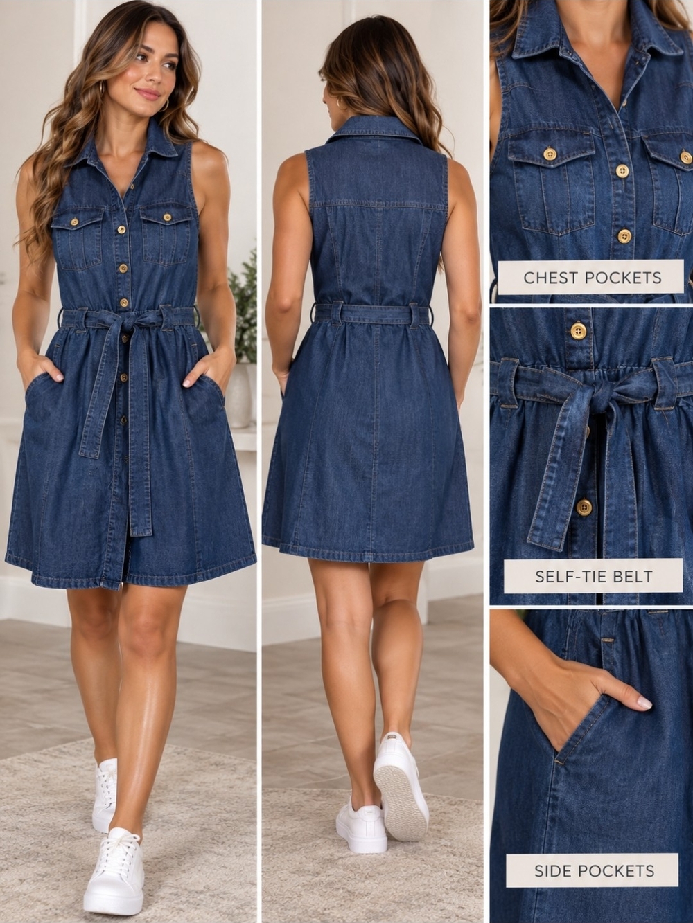 Sleeveless Dark Blue Denim Shirt Dress with Self-Tie Belt